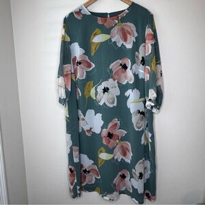 Ava & Viv Green Floral Short Sleeve Tie Waist A-Line Dress Women's Plus Size X